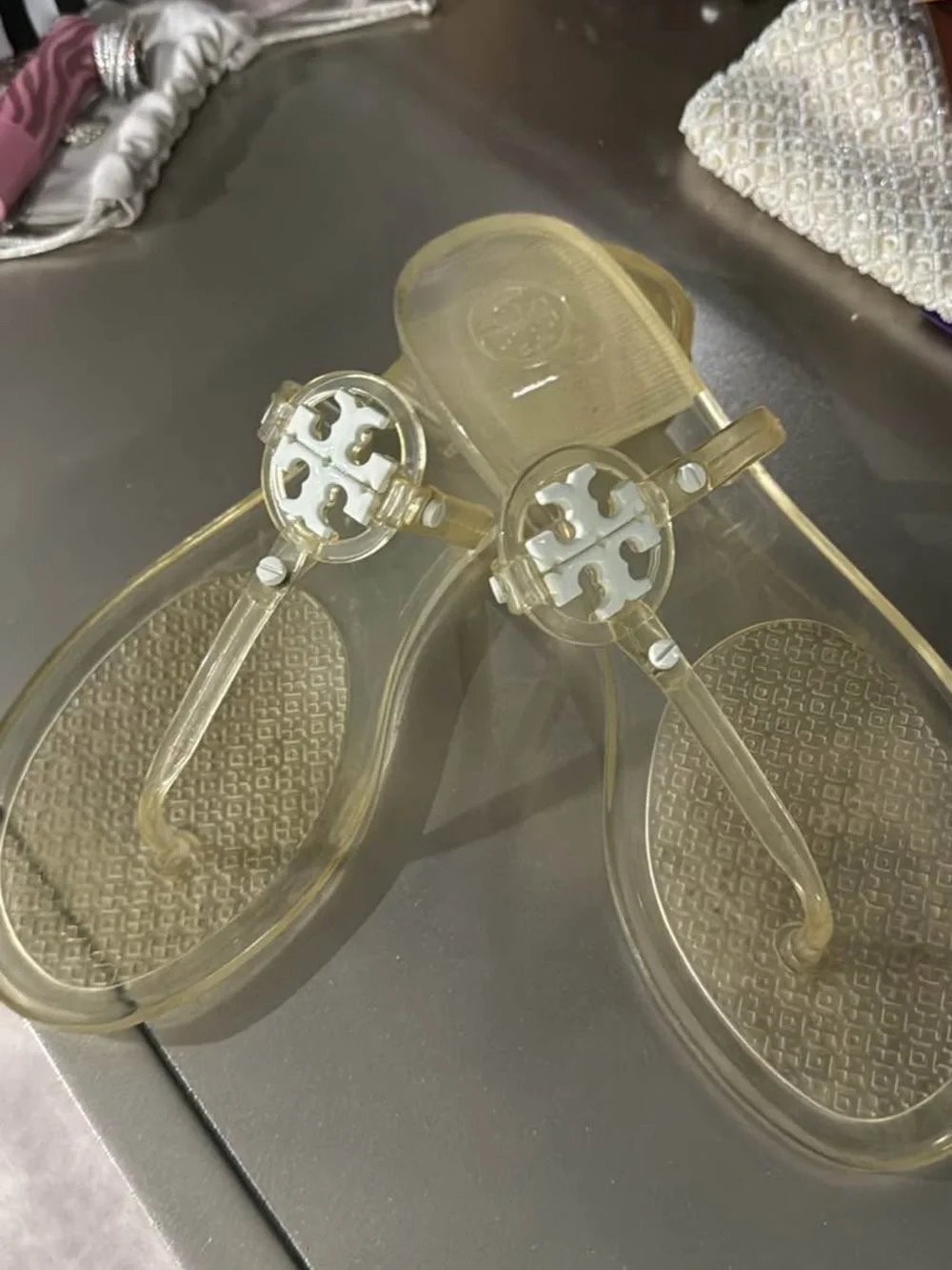 Tory Burch Translucent Jelly Thong Sandals with White Logo Medallions